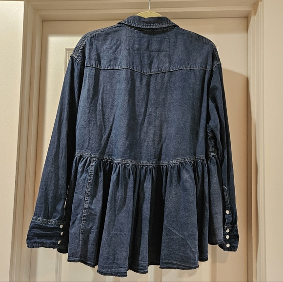 Free People Dylan Babydoll Shacket LS High Low Hem Front Pearl Snaps Blue Sm NWT - Picture 13 of 14